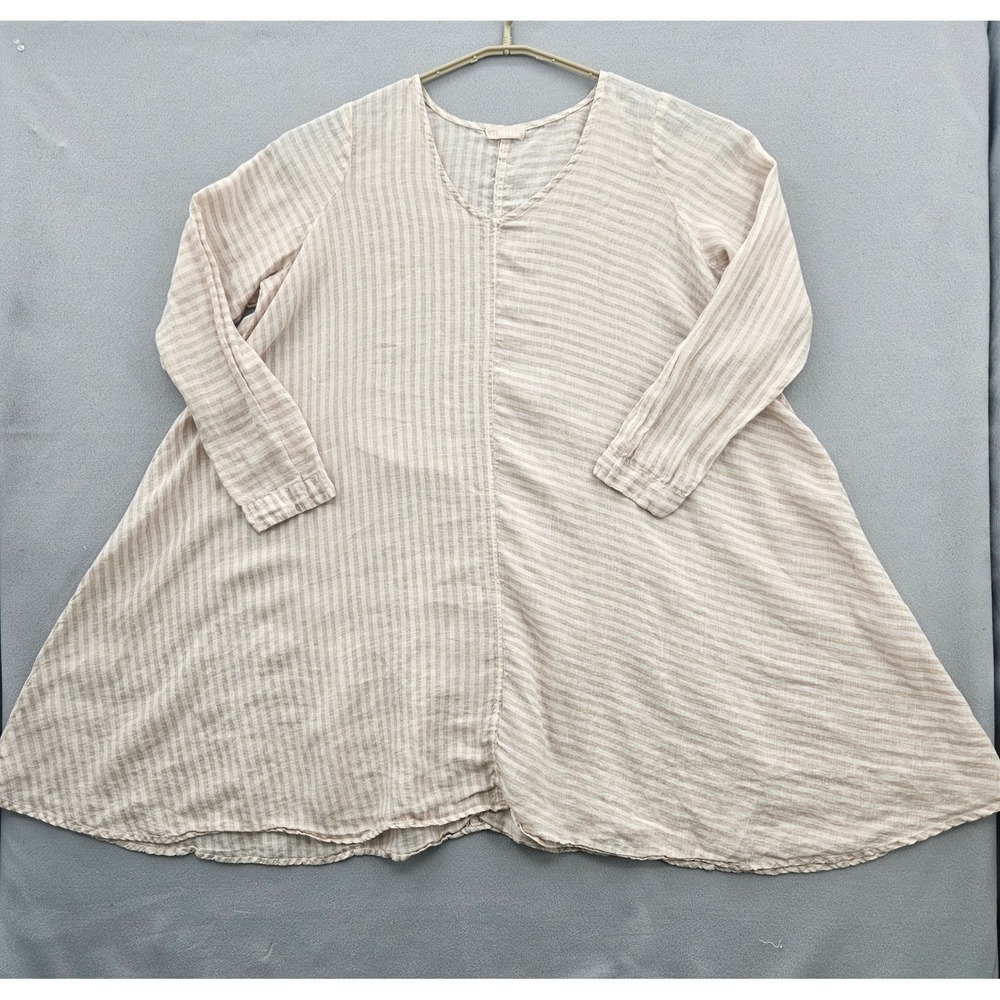 CP Shades Beige Striped 100% Linen V-Neck Relaxed Tunic Top Medium Made in USA